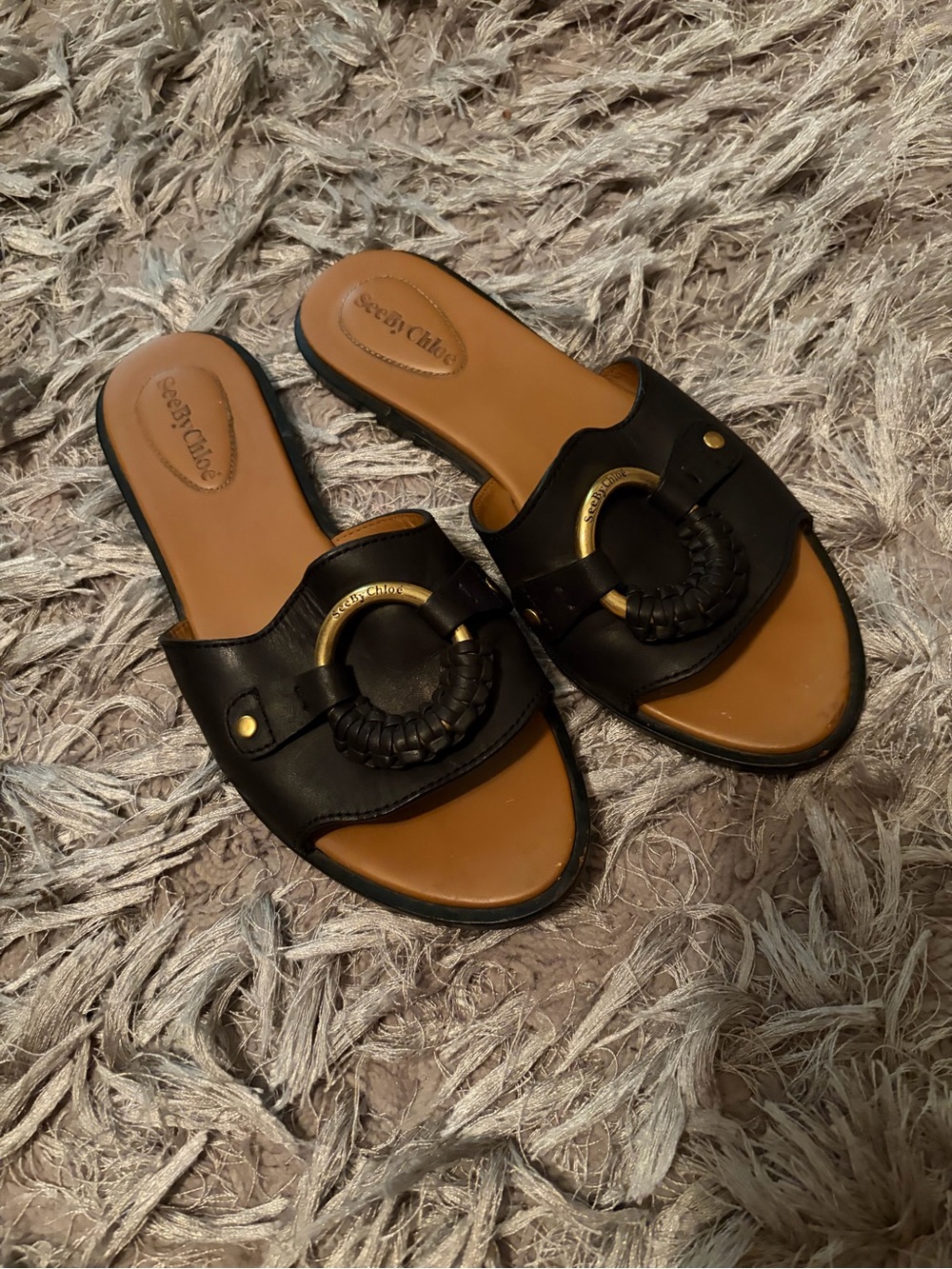 See By Chloe Black Leather Slide Mules with Gold Braided Ring
